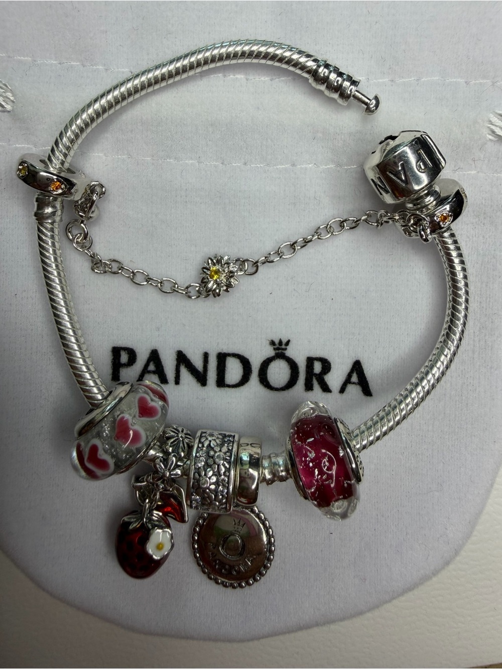 Pandora Silver Bracelet with Red and White Heart Murano Charms